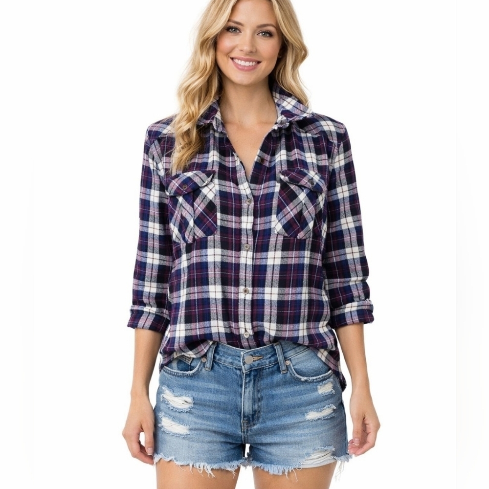 Woman's Heavy Cotton Plaid Flannel Shirt Medium Button Up Long Sleeve Forever 21